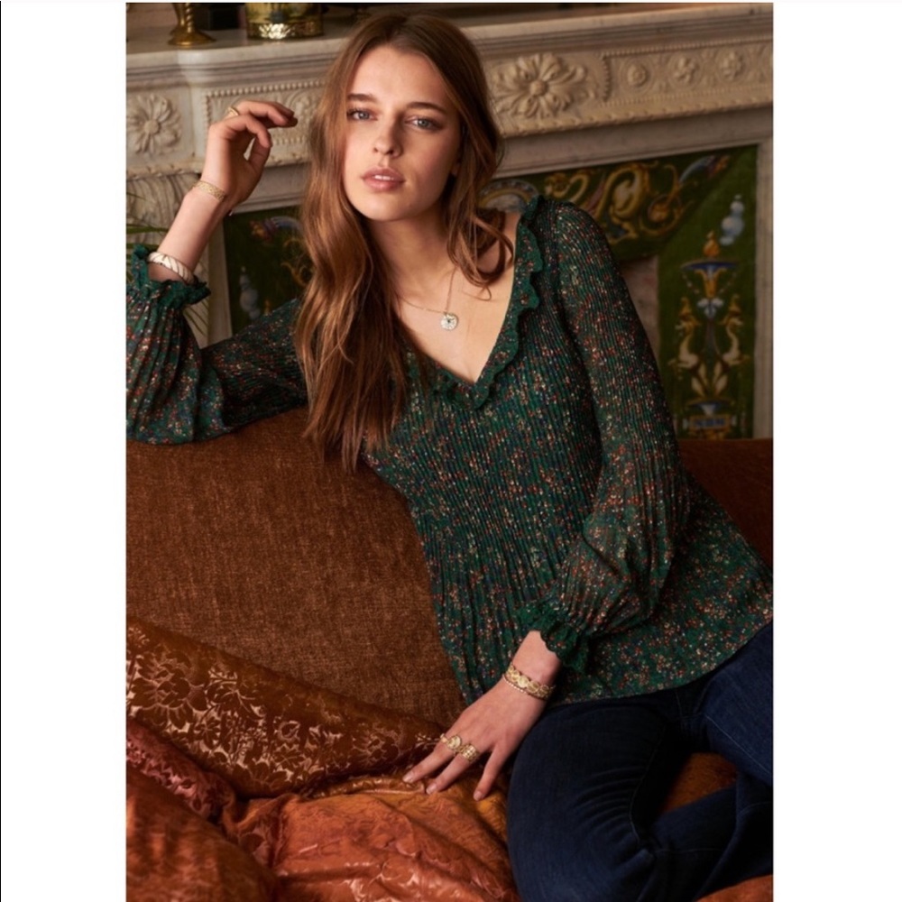 NWT Sezane Sybille floral print plisse pleat blouse v neck ruffle long sleeve 36
